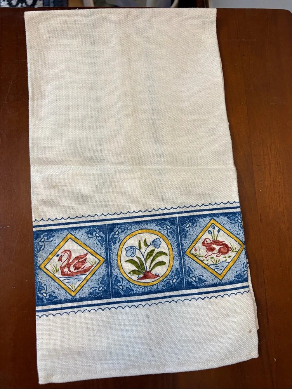 Vintage Stevens Pure Linen Cream Kitchen Towel cottage core rooster, Swan, bunny